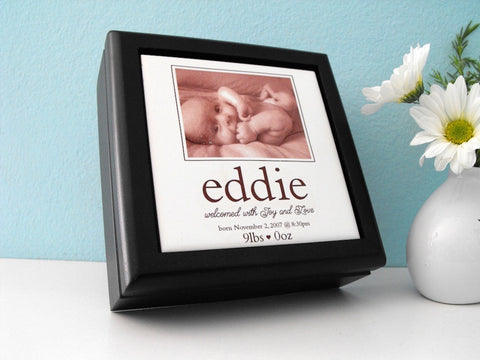 Wooden Keepsake Box Customized with Birth Announcement for Newborn